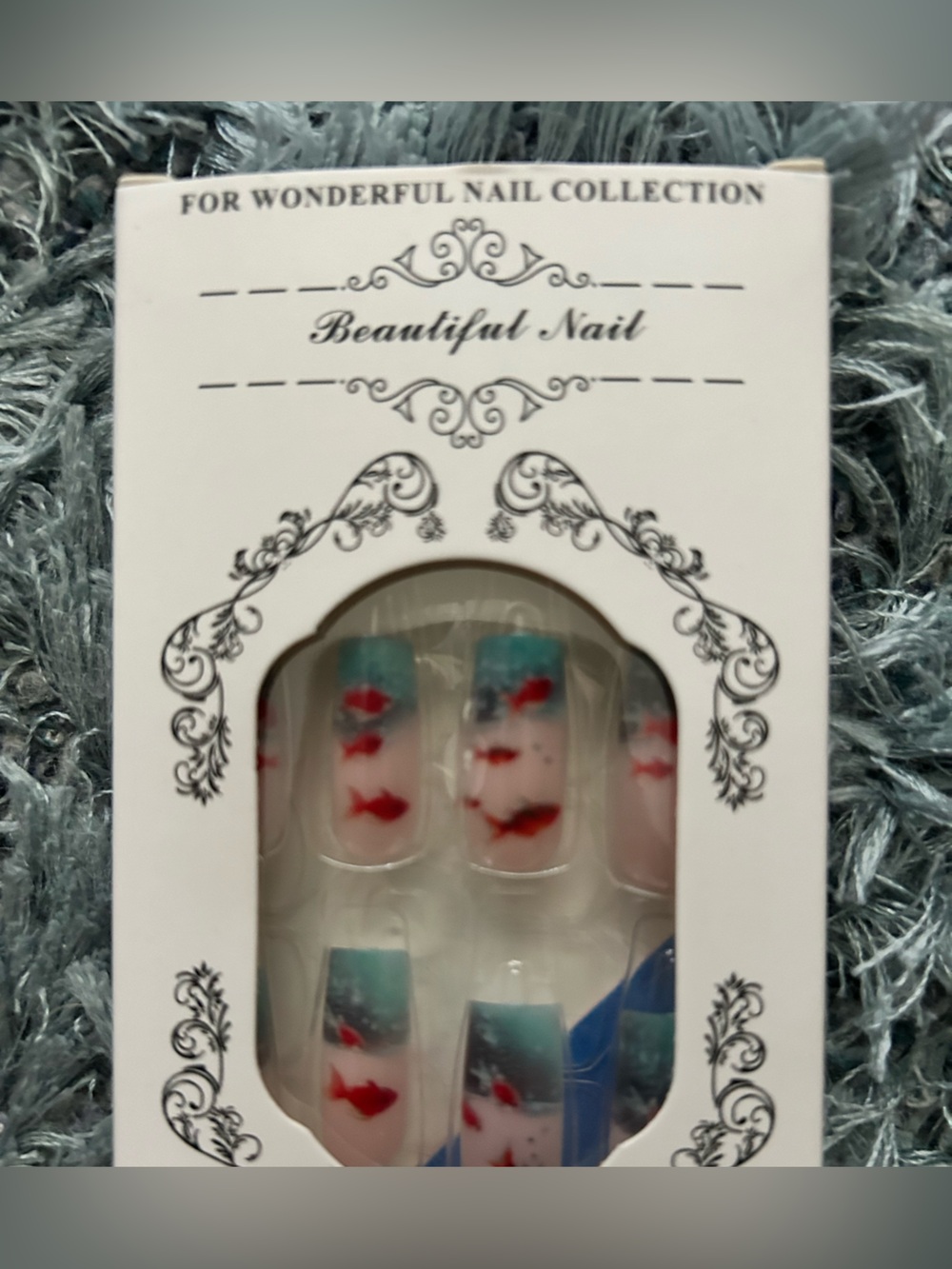 Blue white and red Press-On No -glue Nails with Red koi Fish Design